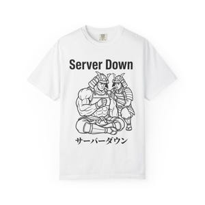 May include: White t-shirt featuring a black illustration of two samurai figures and the text "Server Down" above and Japanese text below. The design shows the warriors in full armour.