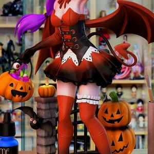 May include: A detailed figurine of a female demon with purple hair, red horns, and wings. She wears a red and black dress and holds a jack-o'-lantern basket. The scene includes carved pumpkins, candles, and a bat, evoking a Halloween theme.