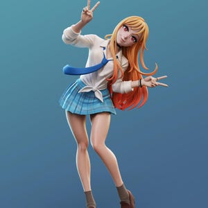 May include: A 3D-rendered figurine of a character in a school uniform. The figure has long orange hair, red eyes, and is wearing a white shirt, blue tie, and a blue plaid skirt. The figure is standing on a beige platform.