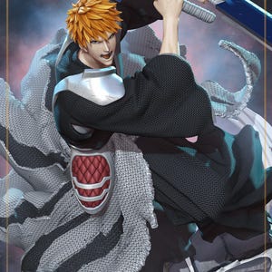 May include: A dynamic illustration of a character with spiky orange hair, wielding a large blue sword. The figure is clad in a black outfit with silver armor accents and a red and silver chest plate. The background features a dark, textured design.