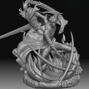 May include: A monochrome figurine showing two figures engaged in combat. One is armored, with a large sword, the other in casual clothes, with curved blades. The base has stylized flame and rock elements, creating a dramatic scene.