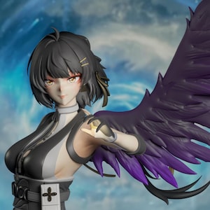 May include: A detailed figurine of a female character with short black hair, gold accents, and striking yellow eyes. She wears a black and white outfit with a cross emblem and has large, feathered wings that transition from black to purple. The background is a blurred blue and white.