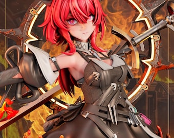 May include: A detailed figurine of a female anime character with vibrant red hair and eyes. She wears a dark outfit with silver accents, a black dress, and a red and pink ruffled skirt. The background features a fiery design and a decorative metal structure.