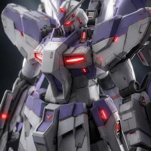 May include: A detailed, close-up image of a futuristic robot, primarily in shades of white, gray, and purple. The robot has a complex design with sharp angles, glowing red accents, and a prominent head with a V-shaped antenna.