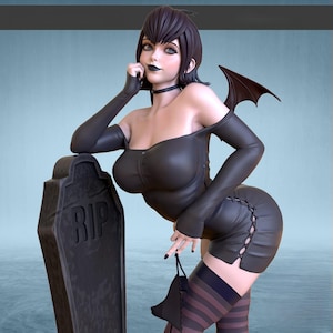 May include: A 3D-rendered figure of a woman with dark hair and pale skin, wearing a black dress, gloves, and thigh-high striped stockings. She leans against a tombstone with "RIP" engraved on it, holding a small black garment. A bat wing is attached to her back.