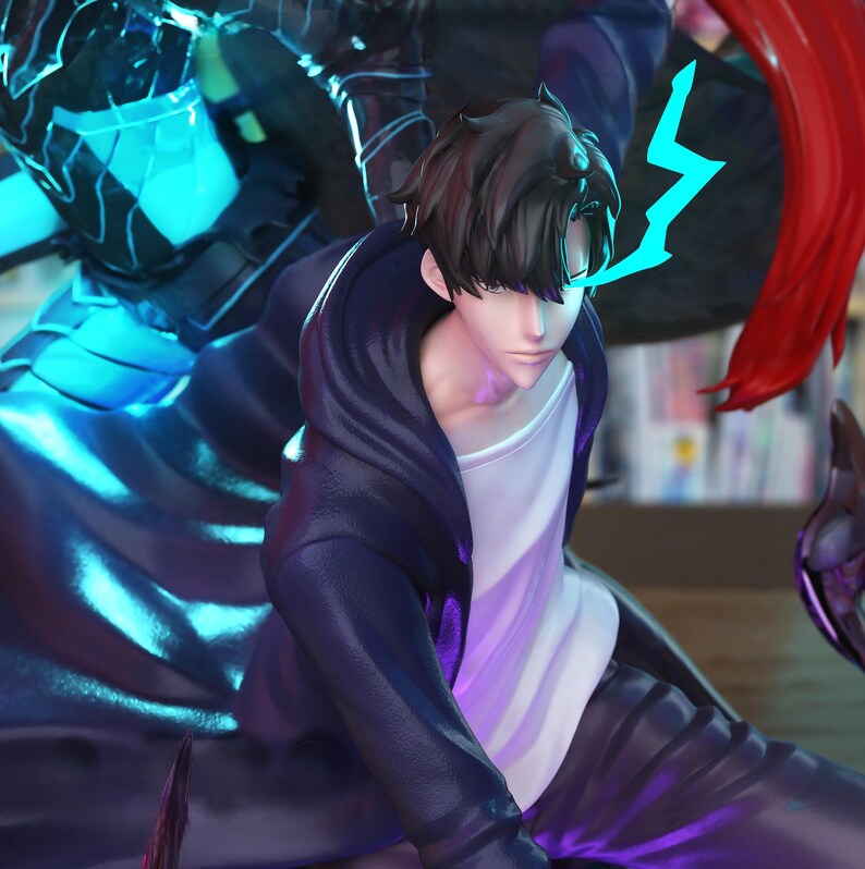 May include: A detailed figurine of a character with black hair, wearing a dark blue jacket over a white shirt. The character has a glowing blue lightning bolt above one eye. The background features a large, blue, armored figure.