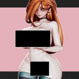 May include: A digital illustration of a character with long, vibrant orange hair and green eyes. The character wears a black choker and dark thigh-high stockings with teal bands at the top. The figure is positioned against a pink and black background.