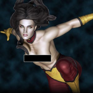 May include: A digital illustration of a woman in a dynamic pose, with flowing dark hair and green eyes. She wears a red and yellow costume with yellow gloves. The image has a dark blue background.