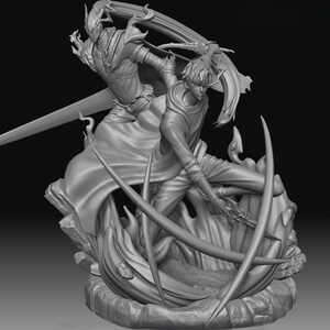 May include: A monochrome figurine showing two figures engaged in combat. One is armored, with a large sword, the other in casual clothes, with curved blades. The base has stylized flame and rock features.