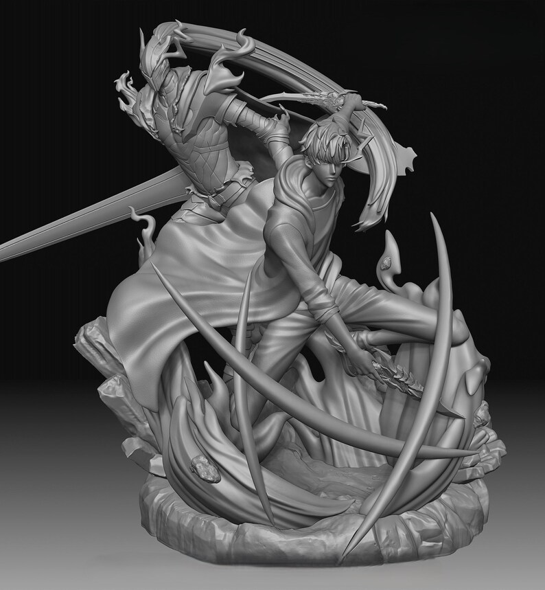 May include: A monochrome figurine showing two figures engaged in combat. One is armored, with a large sword, the other in casual clothes, with curved blades. The base has stylized flame and rock features.