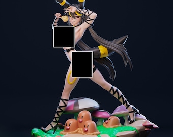 May include: A figurine of a character with black and yellow accents, posed dynamically. The figure is on a base with mushroom and cartoon character details. The character is holding a small, round object.
