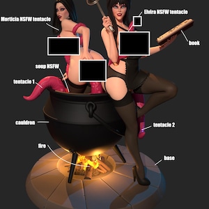 May include: A 3D-rendered figurine featuring two female figures, one holding a ladle and the other a book. They are positioned near a cauldron with a fire at its base. The figures are in black and pink attire. The base is a light brown color.