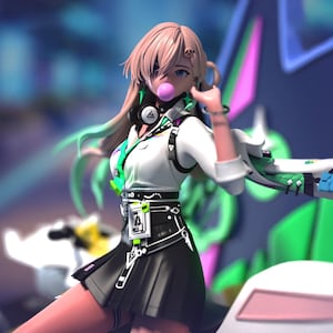 May include: A detailed anime-style figurine of a young woman with pink hair and blue eyes, blowing a bubble. She wears a white shirt, black skirt, and headphones. The figure has a futuristic aesthetic with neon green and black accents.
