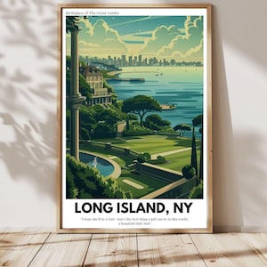 May include: A framed art print featuring a stylized illustration of Long Island, NY, with a coastal landscape, a mansion, and a city skyline in the background. The text "LONG ISLAND, NY" is displayed prominently, with a quote below. The artwork is in a wooden frame.