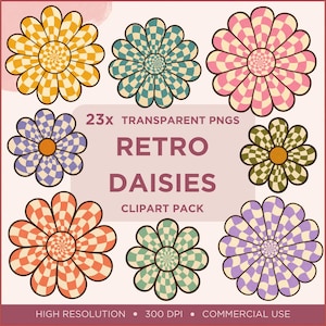 Può includere: Un pacchetto di clipart digitali con otto fiori di margherita con motivi a scacchi ondulati in giallo, verde acqua, rosa, viola, verde oliva e arancione. Il testo recita 23x TRANSPARENT PNGS RETRO DAISIES CLIPART PACK HIGH RESOLUTION 300 DPI COMMERCIAL USE.