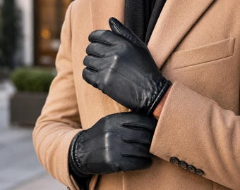 Black Leather Gloves for Men, Classic Winter Driving Gloves, Warm Soft Lined Gloves, Elegant Gift for Him, Stylish Cold Weather Gloves