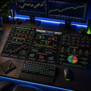 May include: A large black desk mat featuring a detailed Trading Cheat Sheet with white, green, and red text and graphics. The mat displays candlestick patterns, Fibonacci retracement, moving averages, volume, risk management, and a cash flow quadrant.
