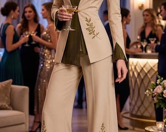 Beige Embroidered Women's Pantsuit | Elegant Formal Blazer Set
