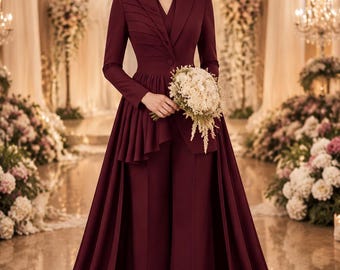 Combinaison blazer péplum bordeaux avec traîne amovible