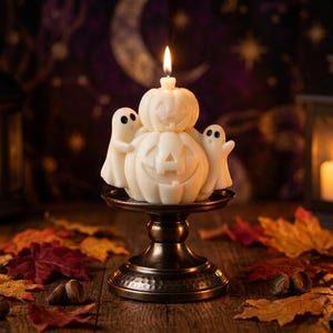 May include: A white wax candle shaped like two stacked jack-o'-lanterns with a small ghost on each side. The candle features carved facial expressions and black painted eyes on the ghosts. A single flame burns from the top pumpkin.