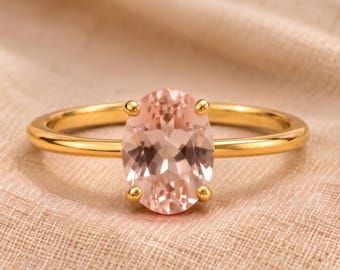 Bague de fiançailles solitaire en or 14 carats et morganite, anneau fin en or, bague de promesse ovale minimaliste, bague de mariée classique à 4 griffes