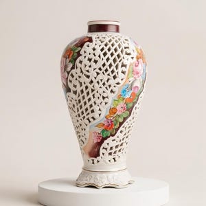 Peut inclure: Un vase en céramique blanc ajouré avec un motif floral. Le vase présente un motif en treillis et est orné de fleurs colorées roses, bleues et oranges. Le bord est rouge foncé et la base est blanche avec des bordures dorées.