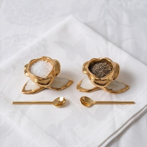 French Vintage Porcelain Salt and Pepper Set with Original Box – Gold Rose Shakers – Collectible French Tableware Gift