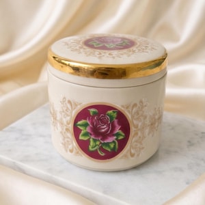 Vintage Bavarian Porcelain Trinket Box with Pink Rose, 1950s Germany Ceramic Dresser Jar with Gold Trim, Antique Dressing Table Powder Pot