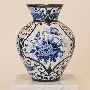 Könnte beinhalten: Eine weiße Keramikvase mit einem breiten, ausgestellten Rand und einem bauchigen Körper. Die Oberfläche ist mit komplizierten schwarzen Schnörkelmustern und einem zentralen blauen Blumenstrauß mit detaillierten Blütenblättern und Blättern verziert.
