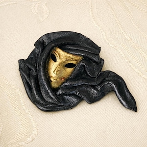 Vintage Handmade Leather & Brass Mask Brooch – Unique Artisan Statement Pin