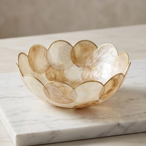Vintage Capiz Shell Bowl with Gold Trim – Large Handcrafted Decorative Centerpiece – Floral Scalloped Design – Coastal Chic Decor