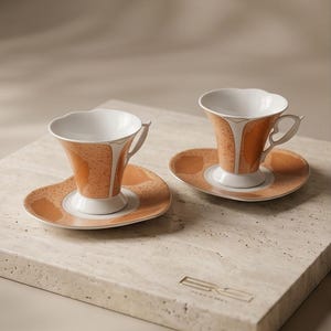 Peut inclure: Deux tasses et soucoupes assorties, orange et blanches. Les tasses ont une forme unique avec un intérieur blanc et un extérieur orange décoratif. Les soucoupes sont rondes avec un motif de feuilles orange assorti. L'ensemble est posé sur une surface claire.