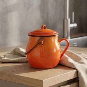 Op de afbeelding: Een feloranje geëmailleerde pot met bijpassend deksel, een gebogen handvat aan de zijkant en een zwenkbaar handvat van donker metaal. De pot heeft een afgeronde vorm en een gladde, glanzende afwerking met een verloop van licht naar donker oranje.