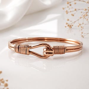 Rose Gold Hook Cuff Bracelet, Wire Wrapped Open Bangle, Modern Minimalist Jewelry