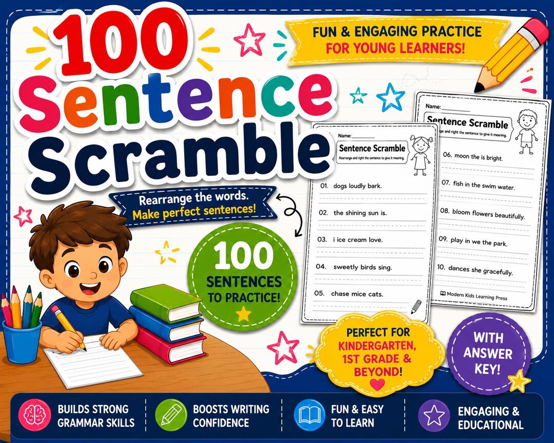 100 Sentence Scramble Worksheets for Kindergarten PDF | Sentence ...