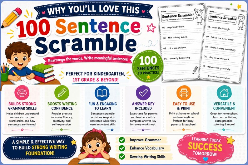 100 Sentence Scramble Worksheets for Kindergarten PDF | Sentence ...