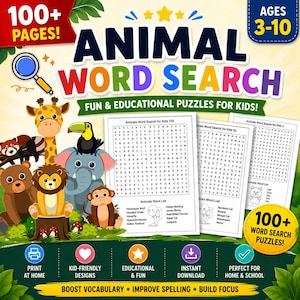 Könnte beinhalten: Ein farbenfrohes Kinder-Aktivitätsbuch mit dem Titel "ANIMAL WORD SEARCH" und Illustrationen verschiedener Tiere. Das Cover zeigt ein Vergrößerungsglas, Sterne und den Text "100+ PAGES!" und "AGES 3-10". Das Buch verspricht Spaß und lehrreiche Rätsel.