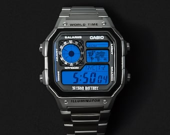 カスタム カシオ ロイヤル AE1200 ウォッチ | ブルーディスプレイ モッド、ワールドタイム、5つのアラーム