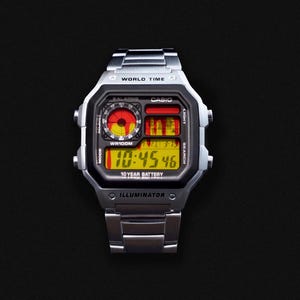 Könnte beinhalten: Eine silberne Digitaluhr mit schwarzem Zifferblatt und Metallarmband. Die Uhr zeigt die Uhrzeit 10:45:46 in gelben Ziffern an. Die Uhr hat eine rot-gelbe Anzeige und das Wort "CASIO" ist sichtbar.