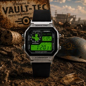 May include: A silver-toned Casio digital watch with a black resin strap, featuring a green backlit display, a world map graphic, and a Vault Boy character icon. The watch face includes text such as World Time, Salarms, Pip-Boy, and Illuminator.