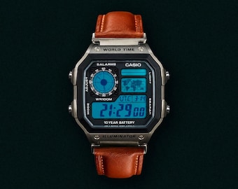 Tiffany Blue | Brown Leather Strap | Luxury Style Digital Watch | Casio Royale AE1200 Mod