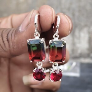 Handmade Sterling Silver Watermelon Tourmaline Quartz Drop Earrings, Emerald Green Ruby Red Dangle