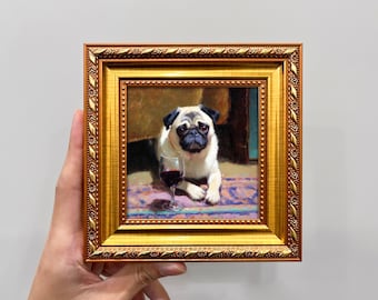 Hand-Painted Pug Coffee Mini Art, 24k Gold Leaf Accents, Framed Cafe Decor