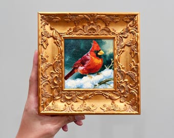 Mini ingelijst olieverfschilderij rode kardinaal, kleine wintervogel muurkunst