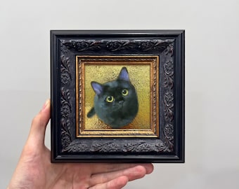 Schwarze Katze Portrait Minigerahmte Wandkunst, Moody Cat Decor in Vintage Goldrahmen