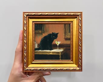 Black Cat Martini mini ingelijste muurkunst, vintage gouden lijst decor cocktailbar