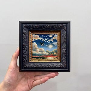 Mini Framed Flying Birds Oil Painting, Small Cloudy Sky Nature Wall Art Wood Frame (Black)