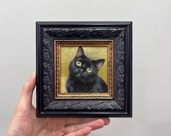 Black Cat Mini Framed Wall Art, Vintage Gold Frame Animal Portrait Decor