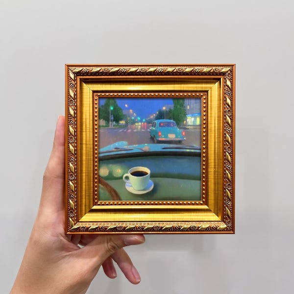 Original Miniature Oil Painting, Retro Car Night Drive, Framed Art, Moody Decor