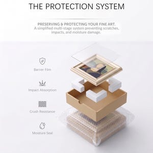 Op de afbeelding: Een explosietekening met de titel THE PROTECTION SYSTEM toont een meerfasig verpakkingsproces voor een ingelijst schilderij. De onderdelen bestaan uit een doorzichtige beschermfolie, witte hoekbeschermers, een kartonnen doos en een vochtwerende laag noppenfolie.